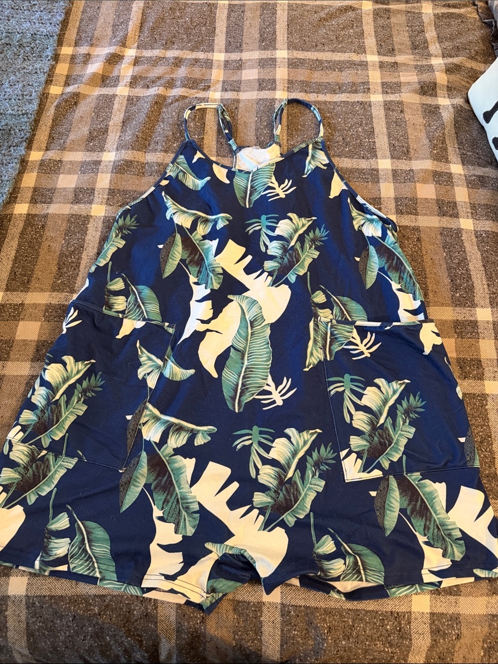 Navy Tropical-Print One-Piece Romper
